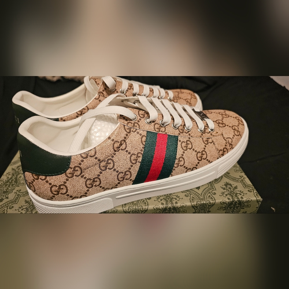 Gucci Beige Monogram Sneakers with Red and Green Stripes